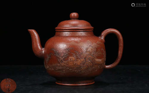 A ZISHA MUD PAINTED FLORAL PATTERN TEA POT