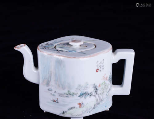 A SHALLOW DROP GLAZE LANDSCAPE PATTERN TEA POT