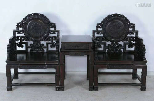 SET ZITAN WOOD CARVED AUSPICIOUS CHAIR AND TABLE