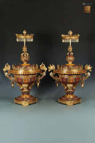 PAIR CLOISONNE CASTED FLORAL PATTERN CENSER