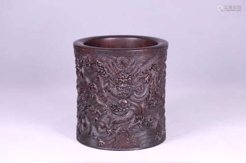 A ZITAN WOOD DRAGON PATTERN BRUSH POT