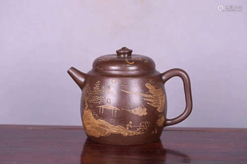 18-19TH CENTURY, A LANDSCAPE DESIGN PURPLE CLAY TEAPOT, LATE QING DYNASTY