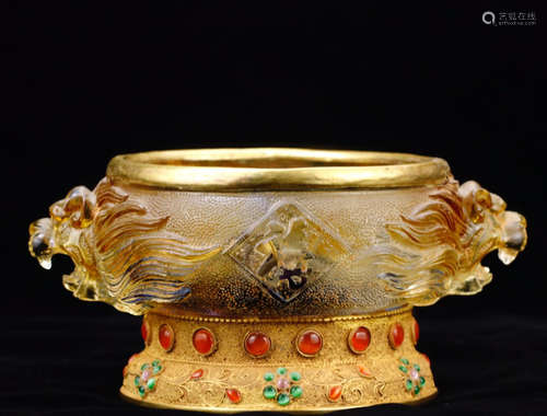 17-19TH CENTURY, A GILT COLOURED GLASS DOUBLE-EAR FURNACE