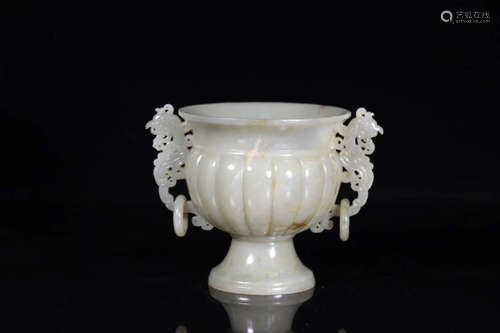 17-19TH CENTURY, A DRAGON DESIGN DOUBLE-EAR HETIAN JADE CENSER, QING DYNASTY