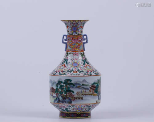 A LANDSCAPE PATTERN FAMILLE ROSE VASE