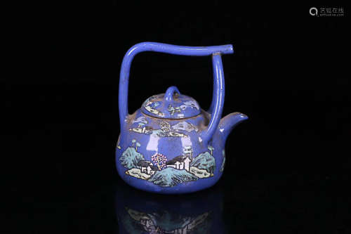 17-19TH CENTURY, A COLOURED LANDSCAPE DESIGN PURPLE CLAY TEAPOT, QING DYNASTY