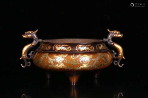 18-19TH CENTURY, A DRAGON DESGIN DOUBLE-EAR TRIPOD BRONZE CENSER, LATE QING DYNASTY