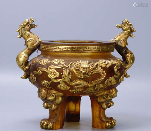 17-19TH CENTURY, A DRAGON PATTERN GILT COLOURED GLASS FURNACE, QING DYNASTY