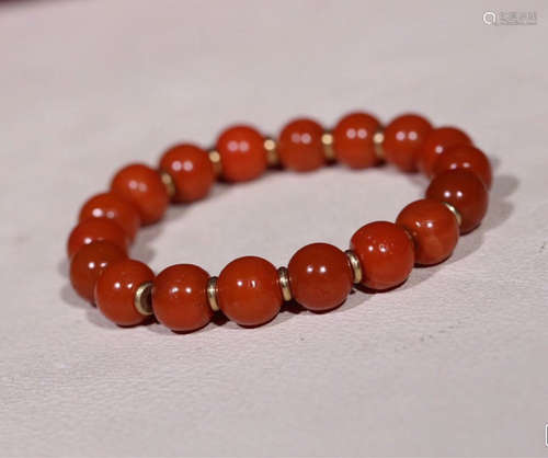 14-19TH CENTURY, A STRING OF 15 BEADS RED AGATE BRACELET, MING QING DYNASTY