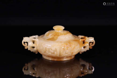 17-19TH CENTURY, AN OLD TIBETAN FLORIAL DESIGN DOUBLE-EAR HETIAN JADE CENSER, QING DYNASTY