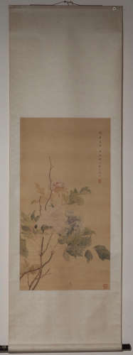A COLOR INK SILK PEONY PAINTING SCROLL