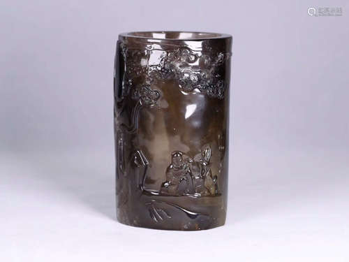 A TEA-COLOR CRYSTAL CARVED BRUSH POT