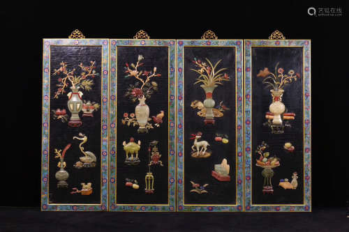 FOUR CLOISONNE FRAME AND LACQUER HANGING SCREENS