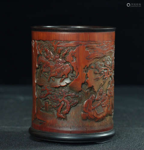 A BAMBOO CARVED FIGURE INCISED BRUSH POT