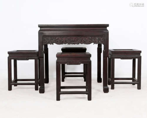 SET OF ZITAN WOOD FOUR CHAIRS AND ONE TABLE