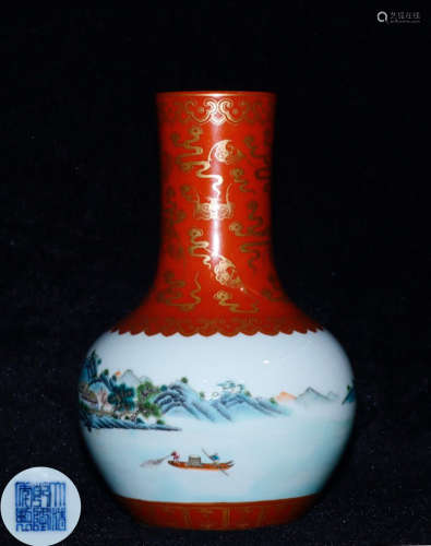 A IRON-RED FAMILLE-ROSE DECORATION TIANQIU VASE