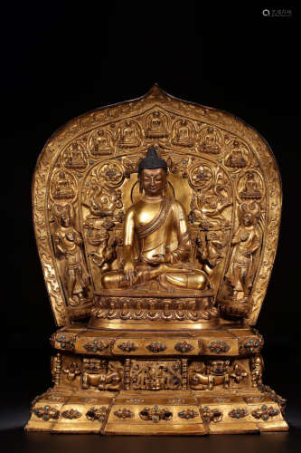 17-19TH CENTURY, A GILT BRONZE BUDDHA DESIGN FIGURE, QING DYNASTY