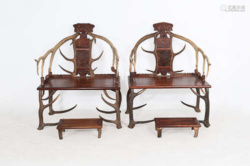 17-19TH CENTURY, A PAIR OF DEER ANGLE DESIGN ROSEWOOD CHAIRS, QING DYNASTY