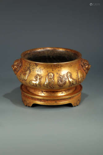 14-16TH CENTURY, A CHINESE ZODIAC DOUBLE-EAR BRONZE FURNACE, MING DYNASTY