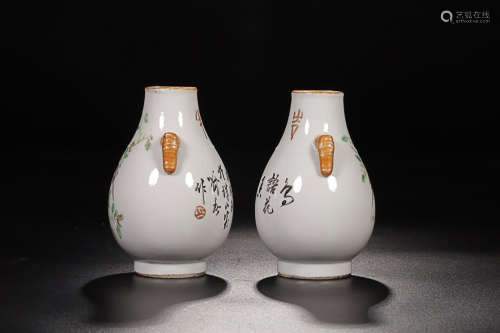 1912-1949, A PAIR OF FLORAL&BIRD PATTERN DOUBLE-EAR VASES, THE REPUBLIC OF CHINA