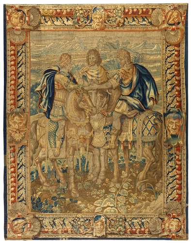 TAPISSERIE MIT BIBLISCHER SZENE. 17.Jh. Brüssler Manufaktur. Wolle. 305x239cm. Zustand C.