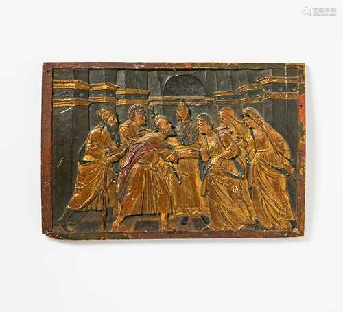 RELIEF VERMÄHLUNG MARIENS . Italien. Holz, polychrom gefasst. H.50, B.34cm. Zustand C.