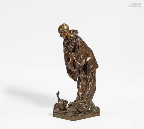 PIERROT MIT ZWEI GÄNSEN. Ceribelli, Cesar. Rom 1841 - Rom 1918. Um 1900. Bronze. H.47,5cm. Am Felsen