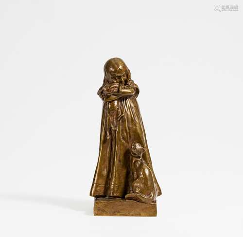 MÄDCHEN MIT ZWEI KATZEN. Badoche Descharmes, Edmond. Um 1900. Bronze. H.28,5cm. Am Sockel bez. 