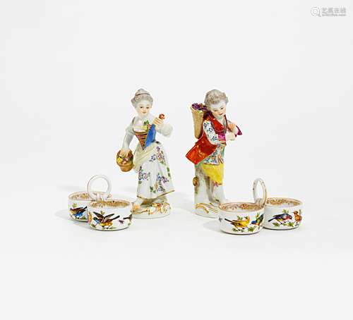 JUNGE MIT TRAUBEN & MÄDCHEN MIT BLUMEN. Meissen. Porzellan, farbig und gold staffiert. H. je 13,5cm.