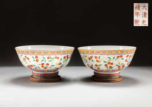 Pair 19th Kuangxu Mark Antique Famille Rose Bowls