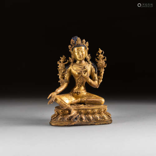 19th Antique Gilt Bronze Green Tara