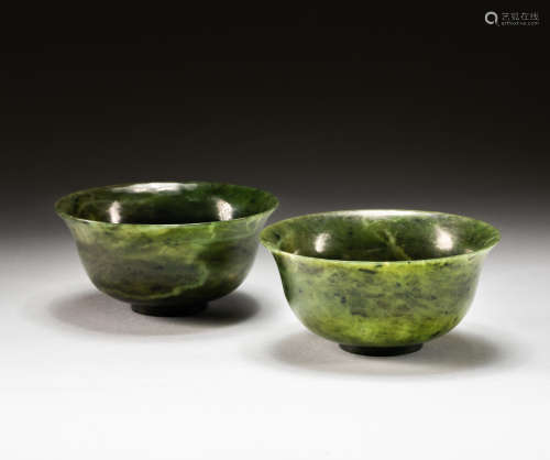 Pair 19th Antique Spinach Jade Bowls