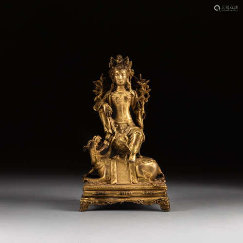 19th Antique Gilt Bronze Buddha: Manjusri