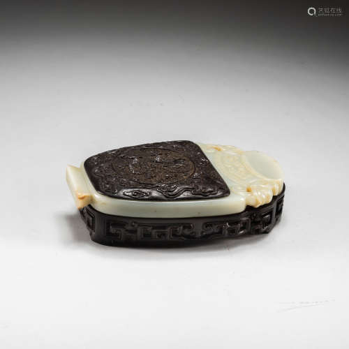 18th Antique Manchou Style Jade Ink With Zitan Stand