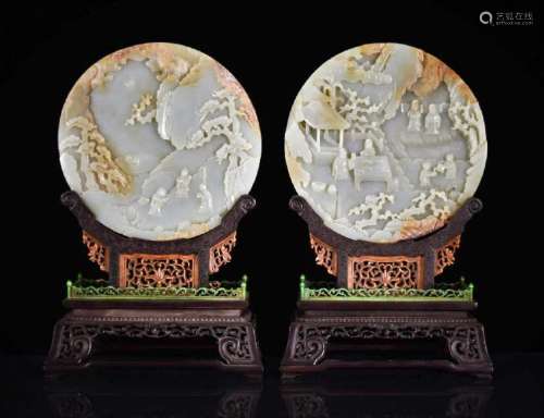 PAIR OF CIRCULAR JADE PANORAMIC TABLE SCREENS