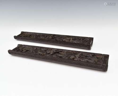 PAIR OF CHINESE CARVED ZITAN PAPER WEIGHTS, 19TH C