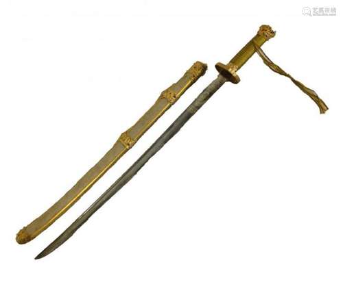 CHINESE GILT BRONZE SABER WITH SEMI-PRECIOUS STONES