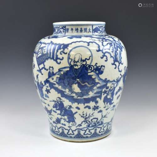 MING BLUE & WHITE FIGURIAL PORCELAIN JAR