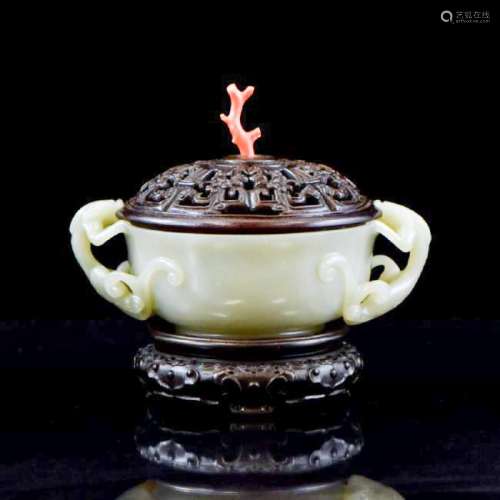 WOODEN COVERED JADE CENSER WITH RED CORAL FINIAL