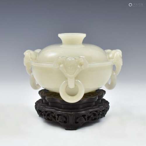 JADE LIDDED CENSER WITH ELEPHANT HANDLES ON STAND