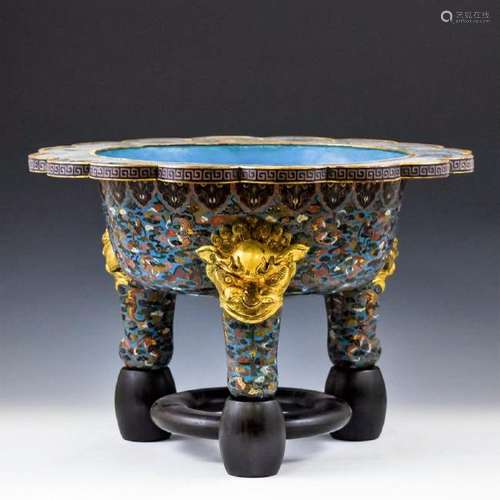 MASSIVE QING GILT BRONZE CLOISONNE TRIPOD BASIN ON