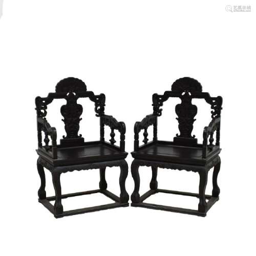 PAIR OF ANTIQUE CHINESE CARVED ZITAN MASTER CHAIRS