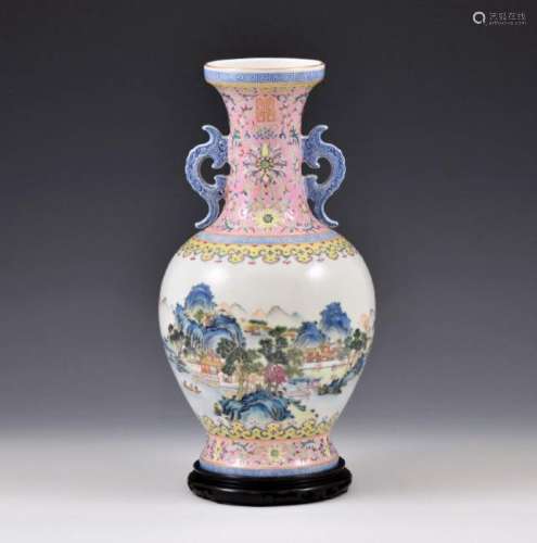 FAMILLE ROSE OPEN FACE BALUSTER VASE ON STAND