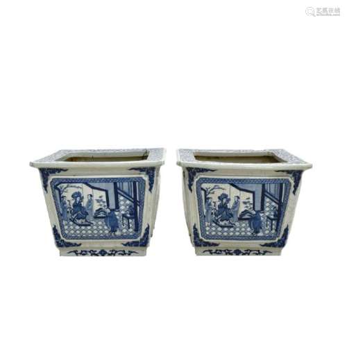 PAIR OF MING BLUE & WHITE PORCELAIN PLANT POTS