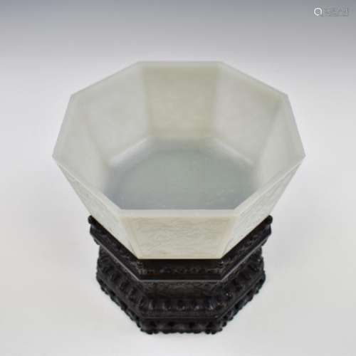 JADE CARVED HEXAGONAL BOWL ON STAND