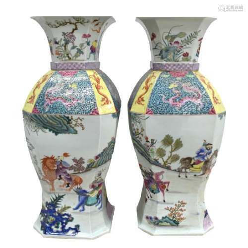 PAIR FACETED FAMILLE ROSE VASES