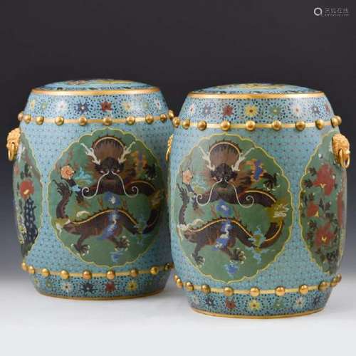 PAIR OF QING GILT BRONZE CLOISONNE ENAMEL GARDEN STOOLS