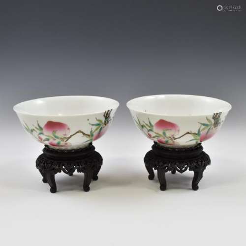PAIR EXTRAORDINARY PEACH BOWLS ON STAND