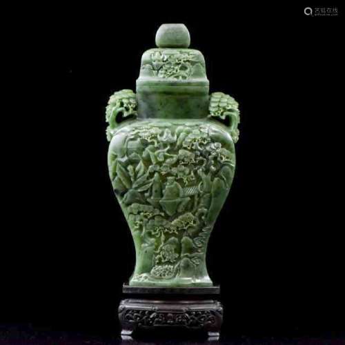 LARGE CHINESE SPINACH GREEN JADE URN ON STAND