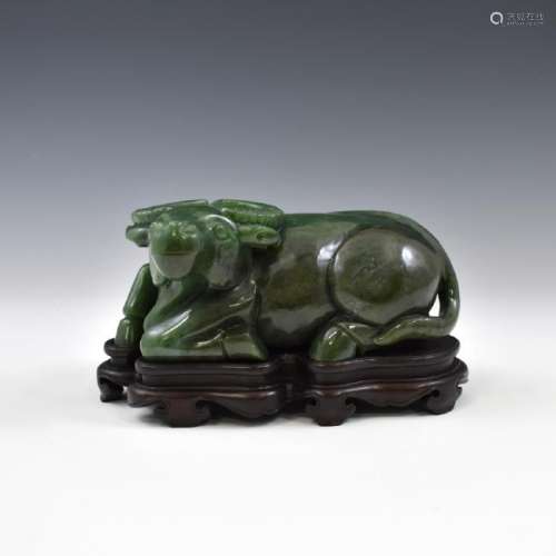 GREEN JADE WATTER BUFFALO EFIGY ON STAND